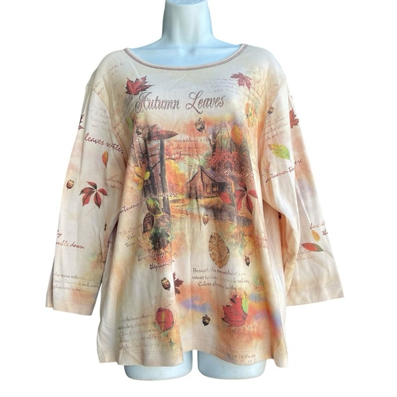 Studio Gem Q Rhinestone Studded Top Women's 2XL 3/4 Sleeve Autumn Leaves Blouse - Picture 1 of 4
